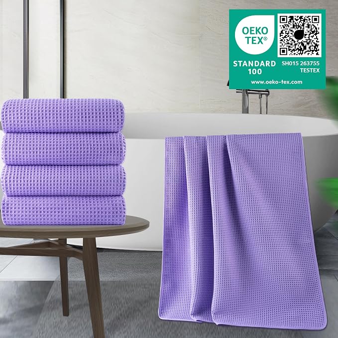 POLYTE 430 GSM Microfiber Oversize Quick Dry Lint Free Bath Towel, 60 x 30 in, 4 Pack (Waffle Weave)
