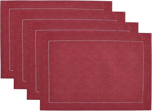 Elrene Home Fashions Alison Eyelet Border Design Cloth Wrinkle Resistant Fabric Placemat, Set of 4, 13"x19", Cranberry