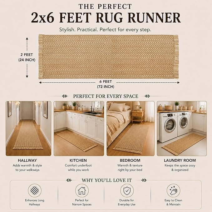 Chevron Weave with Fringes Woven Runner Rug 2x6 Feet - Beige, Boho Farmhouse Polyester Fibre Area Runners for Hallways, Kitchen, Living Room | Brown Reversible Corridor Space Large Floor Décor Mat