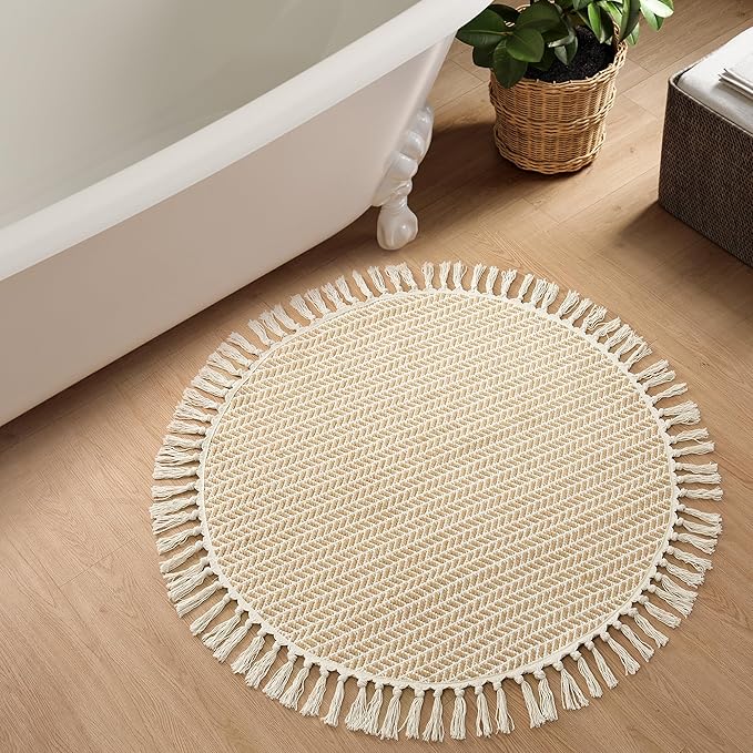 Lahome Belle Boho Round Rug 3ft, Small Circle Rugs for Entryway Kitchen Cotton Washable Indoor Door Bath Mat with Tassels, Farmhouse Round Area Rug Non Shedding Circle Carpet for Bedroom Entry, Khaki