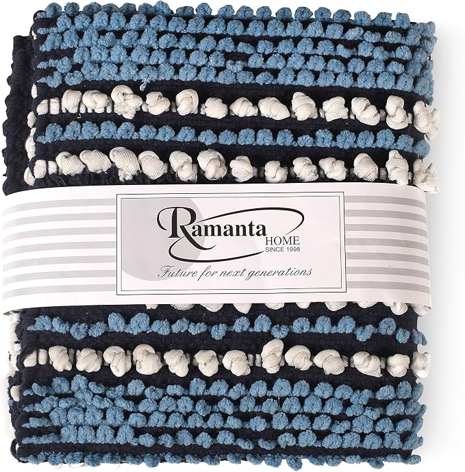 Ramanta Home Chenille Bath Mat Rug Navy 20x32 Inches, Soft Cotton Small Shower Floor Rug Ideal for Bathroom, Entrance, Bedroom, Kitchen | Absorbent Throw Carpet Doormat for Decor