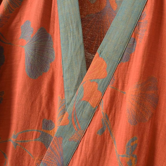 100% Cotton Gauze Ginkgo Leaf Kimono Robe, Long Knit Loose Bathrobe Nightgown Ladies Loungewear Sleepwear for Women