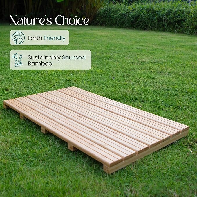 Large Natural Bamboo Bath Mat – Non-Slip Design Sauna Floor Mat, Secure Grip Pads, Water-Resistant Coating, Durable for Indoor/Outdoor Use, Bamboo Decor