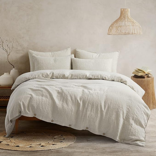 ATLINIA 100% Flax Linen Duvet Cover Set - Stone Washed Pure French Linen Organic Fabric for Farmhouse Comforter Boho Bedding Included 1 Duvet Cover 2 Pillow Shams(Natural, California King)