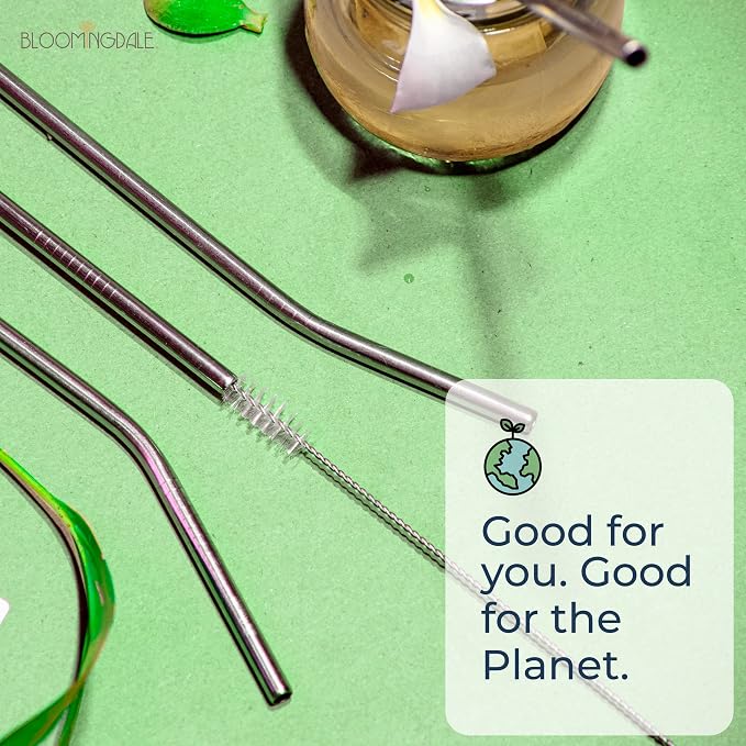 Bloomingdale Straw Reusable Stainless Steel Straw with Cleaning Brush- Long Metal Straws for Drinking Juice, Smoothie, Beverage, Reusable Set of 5 (2- Bend Pipe, 2- Long Straw, 1-Cleaning Brush)
