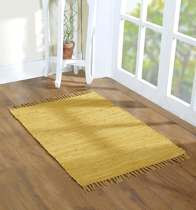 Cotton Rag Rug 24x36'' | 2x3' Multicolor Area Rug - Hand Woven, Washable & Reversible with Tassels - Perfect for Living Room, Kitchen, Entryway, or Bedroom (Solid Mustard)