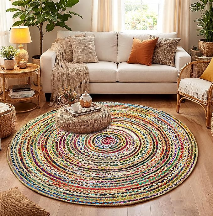 COTTON CRAFT Jute Cotton Chindi Braid Rag Rug - Boho Farmhouse Rustic - Handwoven Reversible Natural Jute and Recycled Cotton Throw Area Rug Carpet - Home Décor - 5 Feet Round - Multi Color