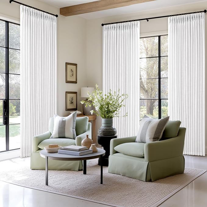 Extra Long White Linen Curtains 132 Inches Long for High Ceiling Living Room Bedroom Dining Modern Neutral Curtain Light Filtering Semi Sheer Back Tab Pinch Pleat Window Curtains 2 Panels Set 11 FT