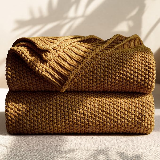 100% Cotton Cable Knit Throw Blanket, Large Lightweight Soft Knit Blanket for Sofa Couch Bed, Breathable All-Season Throw, Cozy Decorative Blanket, 60 x 80 Inch,Mustard