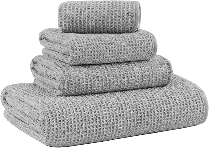 MICROFI Waffle Weave Bath Towel Set, Microfiber, 4 Pieces (Body/Hair/Hand/Face), Quick Dry, Lightweight, Super Absorbent, Lint Free, 380 GSM (Silver)