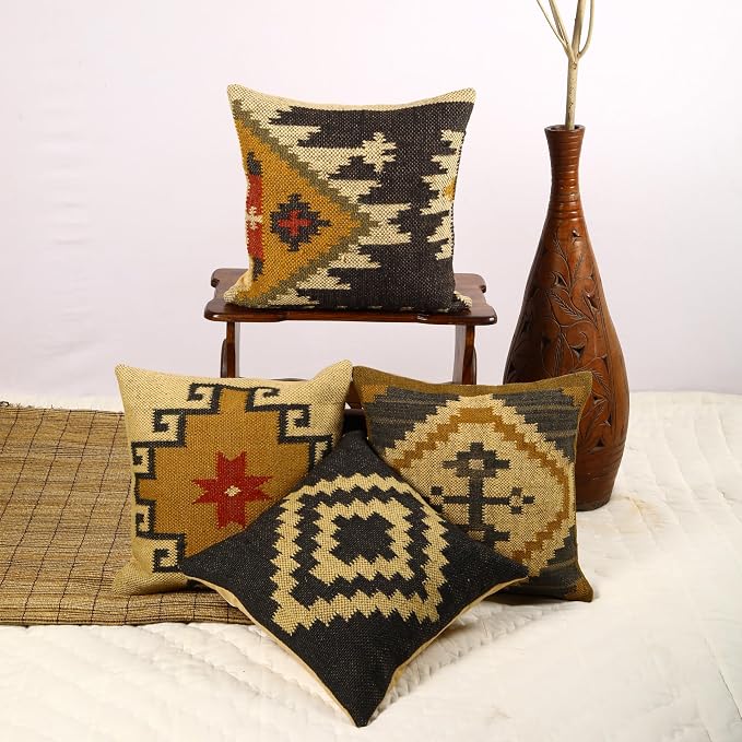 Trade Star 70% Jute 30 Wool Cushion Case Handwoven Pillowcases Throw Pillow Cover Ethnic Rug Pillow Covers Designer Pillow Shams Kilim Cushion Cover Set of 4 Cushion Cases (Kilim 1)