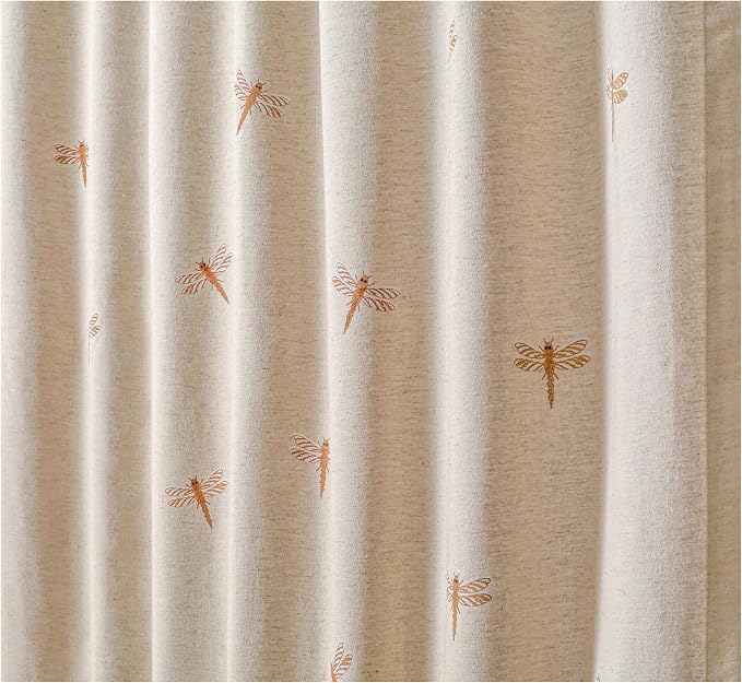 Bedding Craft Flax Linen Curtain Drape 50x108 Inch – Dragonfly Embroidery Drape, Natural Flax Room Darkening Panels, Taupe Curtains for Living Room, Bedroom, Modern Window Decor