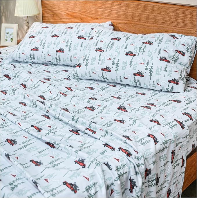 RUVANTI Flannel Sheets Full Size - GOTS Certified 100% Organic Cotton, 4 Piece Warm, Soft & Breathable Set, Deep Pocket Snug Fit, Double Brushed Cozy All Season Bedding, Merry Miles