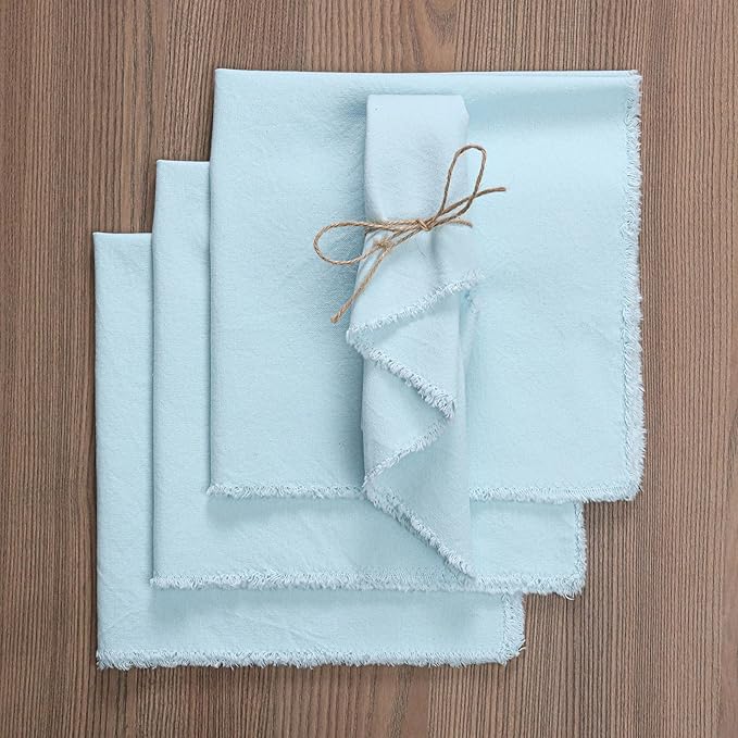 Ramanta Home Cloth Napkins Set of 12 Light Blue 18x18 Inch - Spring Soft & Durable Frayed Dinner Napkin for Easter Wedding, Birthday | Heavy Weight Fabric Table Linen for Everyday Use Family Dinners