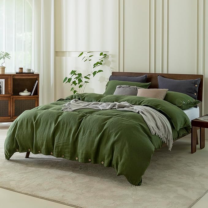 EVERLY 100% Pure Linen Duvet Cover Set Twin Size 68X90Inch 3pcs (1 Duvet Cover,1Pillowcases) Soft and Breathable for All Season with Coconut Button Closure, Suitable for Hot Sleepers-Mossy Green