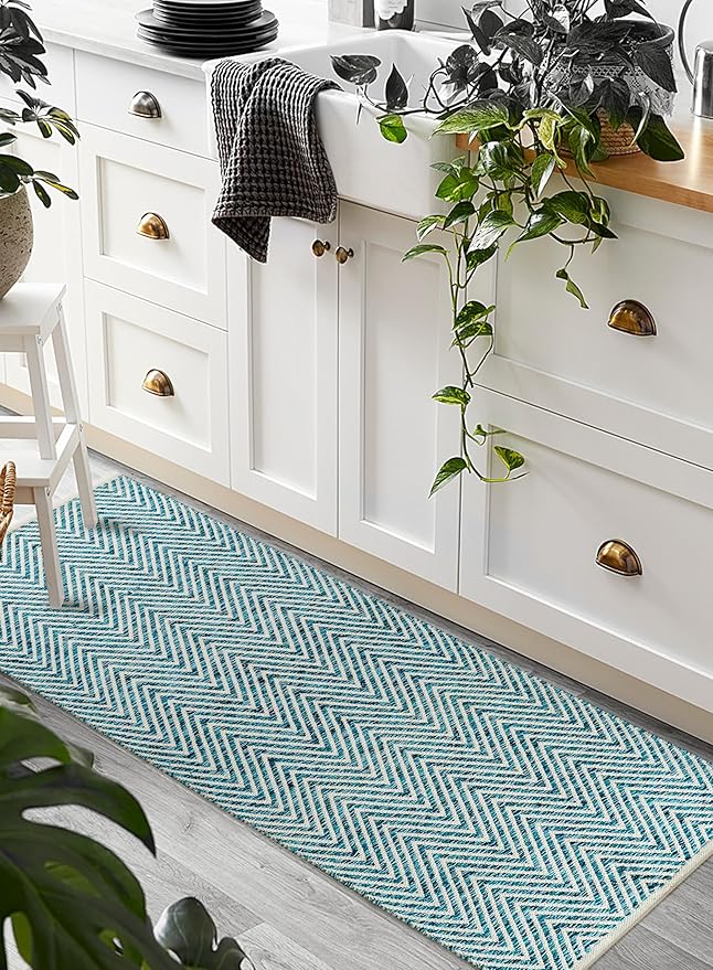 Cotton Chevron Hand Woven Area Runner Rug 2x6 Feet - Teal, Farmhouse Decorative Floor Runners Ideal for Hallways, Kitchen, Bedroom | Green Nursery Durable Geometric Reversible Living Space Patio Mats