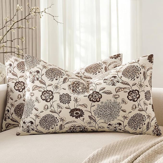 100% Cotton Botanical Throw Pillow Covers Set of 2, 12x20 Inch Chocolate, Farmhouse Double-Sided Floral Print Decorative Cushion Covers Pillow Cases Boho Home Decor