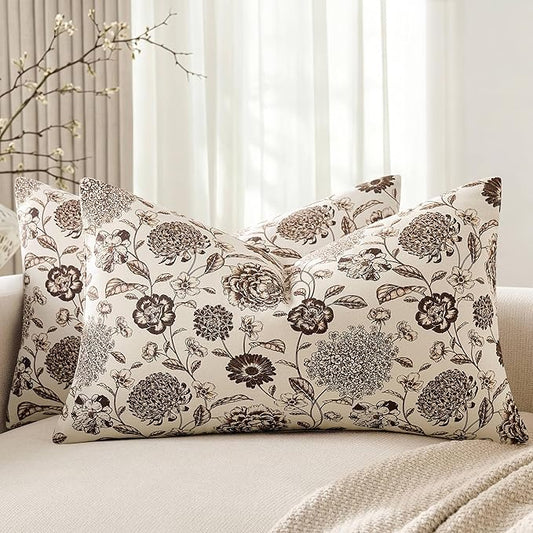 100% Cotton Botanical Throw Pillow Covers Set of 2, 12x20 Inch Chocolate, Farmhouse Double-Sided Floral Print Decorative Cushion Covers Pillow Cases Boho Home Decor