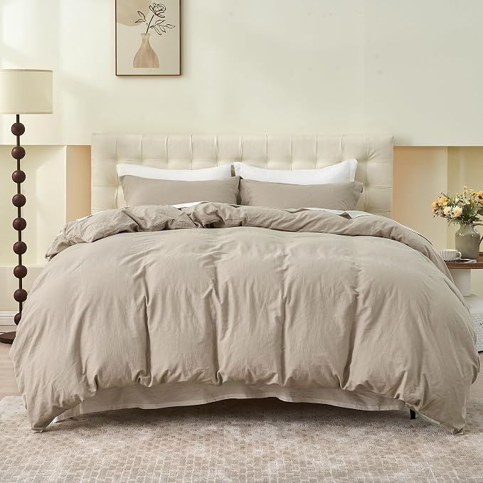 Simple&Opulence French Linen Duvet Cover Set 68" x 86"- 2 Pieces (1 Comforter Cover,1 Pillowcase)- Natural Flax Cotton Blend-Solid Color Breathable Farmhouse Bedding- Khaki, Twin