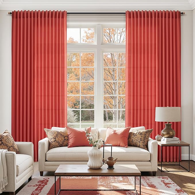 Christmas Red Linen Curtains 108 Inches Long for Living Room Light Filtering Semi Sheer Curtain Back Tab Vintage Neutral Rustic Home Decor Floor to Ceiling High Window for Bedroom 52x108,2 Panels