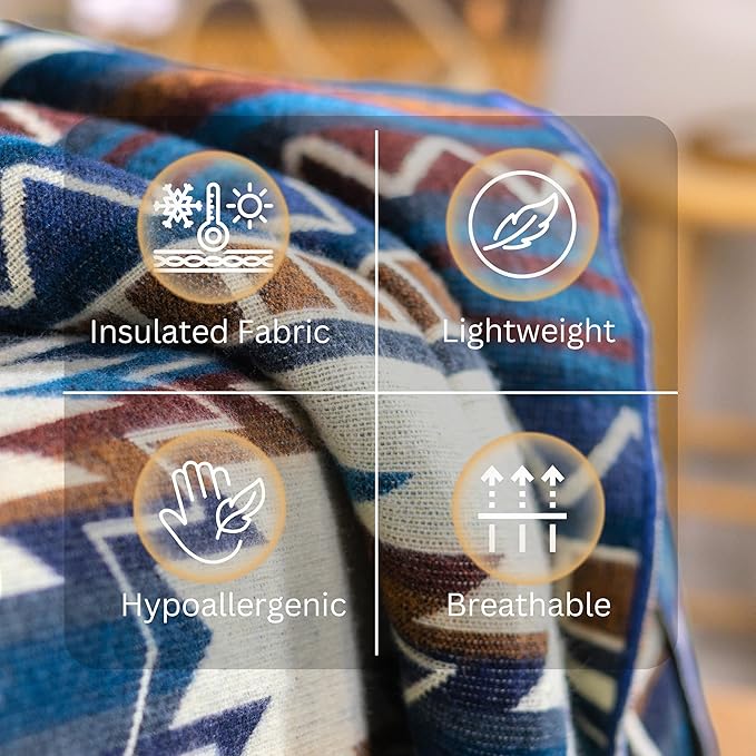 Alpaca Wool Throw Blanket, Native Design Wool Blanket, Throw Aztec Pattern Alpaca Wool Throw Blanket (Blue, Throw 78"x48")
