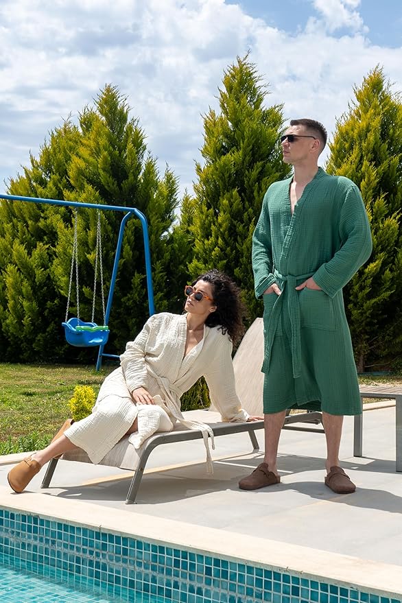 Muslin Unisex Bathrobe Women & Men, 100% Cotton Kimono Lightweight Robe | Long Robes Soft, Absorbent, Spa robes