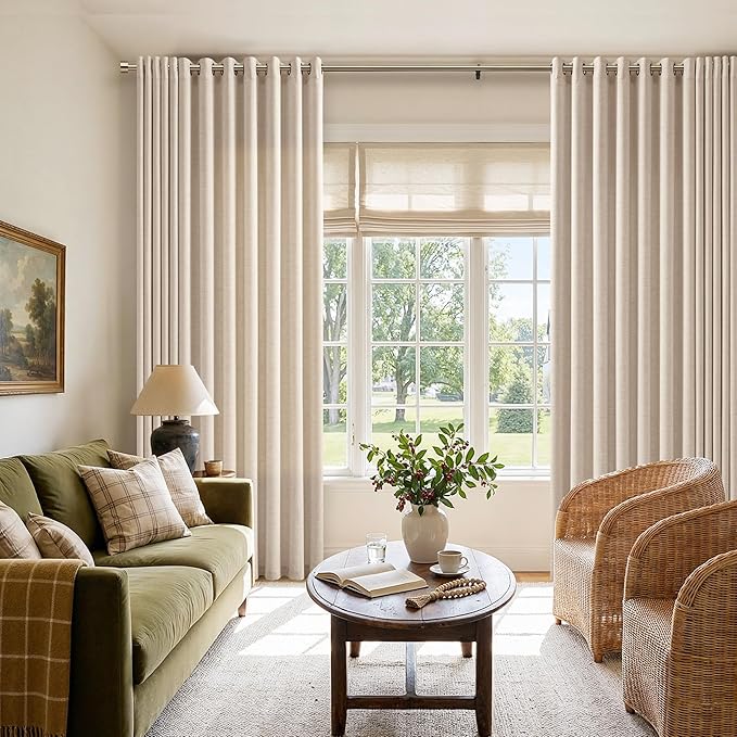 72 Inch Wide Grommet Extra Wide Natural Linen Curtains 90 Inch Length 1 Panel Drapes for Patio Sliding Glass Door Light Filtering Semi Sheer Privacy Curtains for Living Room