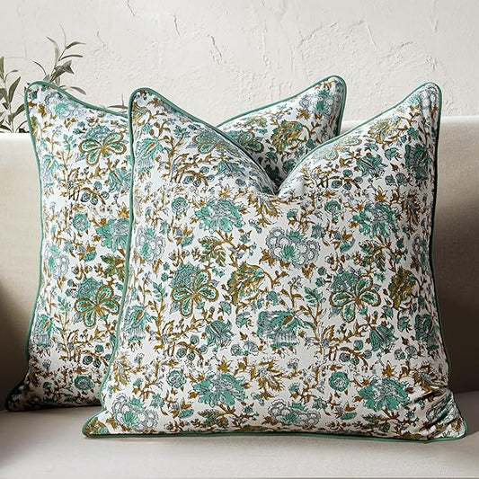 CPC 100% Cotton Throw Pillow Covers 18x18 Inch, Set of 2 Blue Block Print Pattern Couch Pillow, Cute Boho Decorative Pillows for Living Room, Bedroom with Hidden Zipper- Harvest Bloom