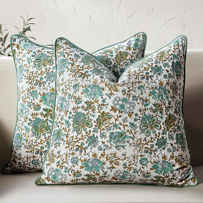 CPC 100% Cotton Throw Pillow Covers 24x24 Inch, Set of 2 Blue Block Print Pattern Couch Pillow, Cute Boho Decorative Pillows for Living Room, Bedroom with Hidden Zipper- Harvest Bloom