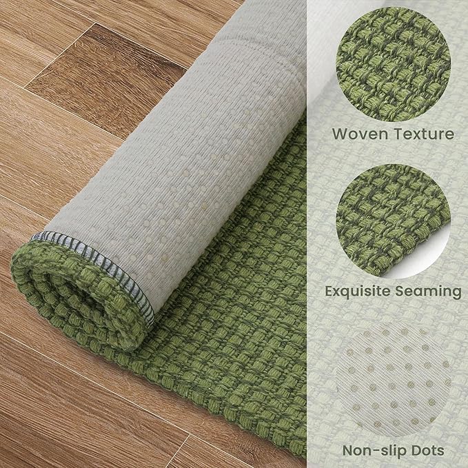 EARTHALL Woven Runner Rug 2x8 Ft Washable Runners for Hallways Cotton Non Slip Rubber Backed Kitchen Runner Braided Indoor Floor Carpet for Entryway, Hallway, Kitchen, Bedroom, Green