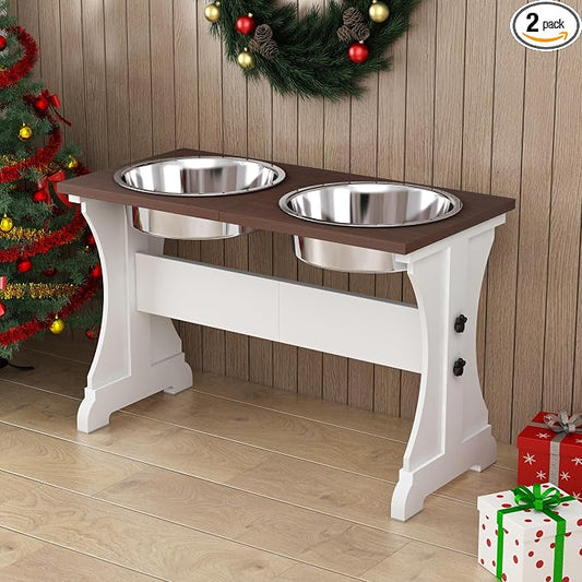 Piskyet Elevated Dog Bowls,Farmhouse Dog Bowls Stand, Raised Dog Bowl with 2 Stainless Steel Wooden Dog Bowl 12 Cups 15.7''H 90 OZ Bowl-Farmhouse Style