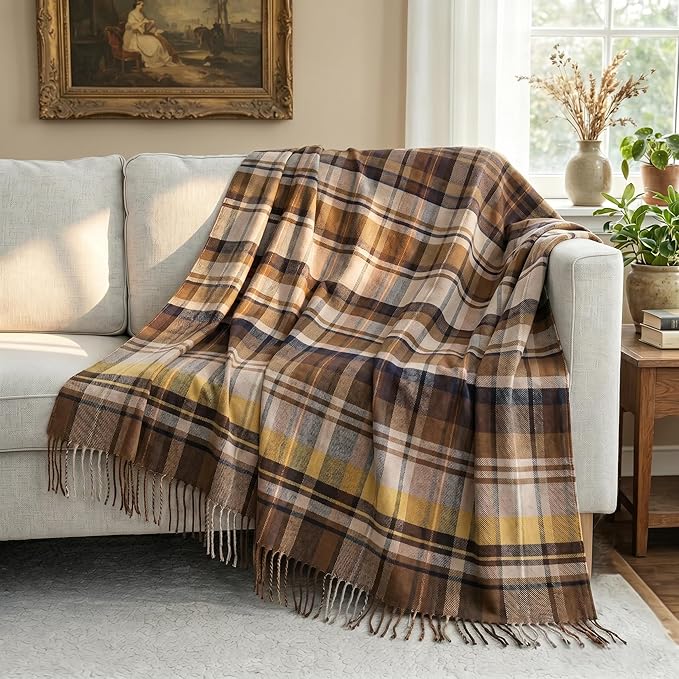 100% Wool Blanket Throw,Farmhouse Plaid Wool Blanket with Compact Bag, Rustic Soft Lightweight Blanket for Couch,Sofa,Bed & Lounging Decoration,Travel Blanket for Car,Airplane,Ideal Gifts 55"x83"
