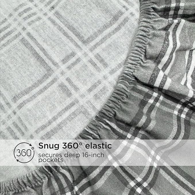 Briarwood Home® Printed Flannel Sheet Set, 100% Natural Cotton, Soft, Warm & Deep Pocket, Advanced Nano-Tech Making it Resistance to Pilling; Brushed 6 Times for Softness (Grey Plaid, Twin)
