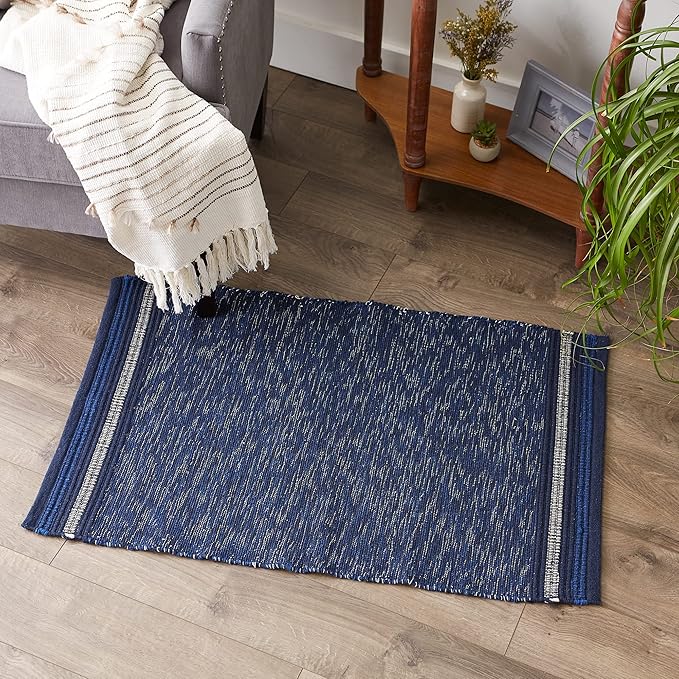 DII Variegated Recycled Yarn Modern Edge Stripe, 2x3', Nautical Blue
