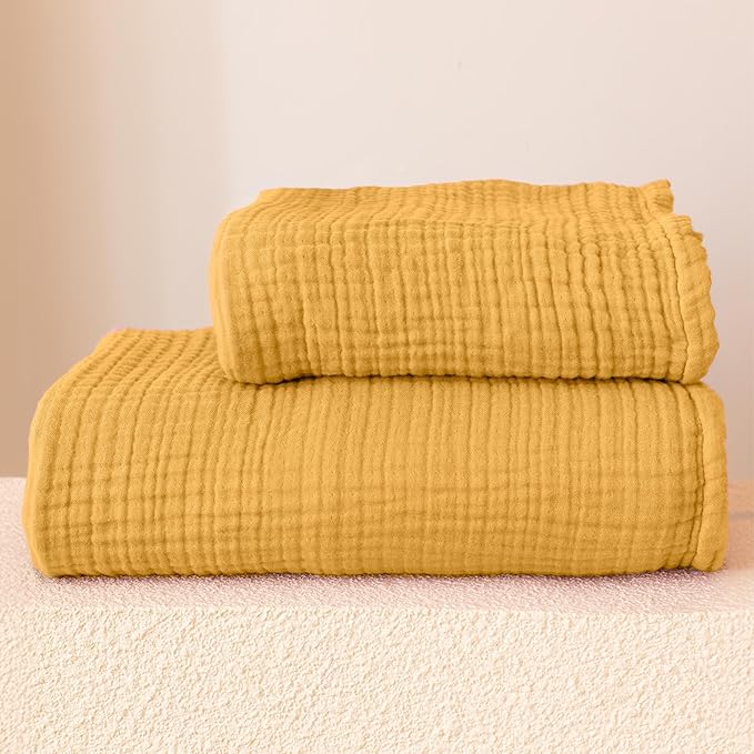 Ultra Soft Muslin Towel Adult Set, 100% Turkish Cotton 4-Layer 2 Pieces Luxury Muslin Hand & Bath Towels Sets for Bathroom (Mustard, 1 Bath & 1 Hand Towel Set)