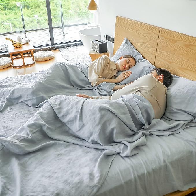 Simple&Opulence French Linen Duvet Cover Set 104"x 92"- 3 Pieces (1 Comforter Cover,2 Pillowcases)-Natural Flax Cotton Blend-Solid Color Breathable Farmhouse Bedding-Dusty Blue, King