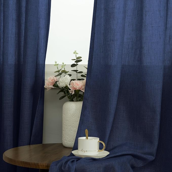 Pitalk Navy Blue Grommet Curtains 102 Inches Long for Living Room Bedroom 2 Panels Grommet Light Filtering Nautical Linen Drapes Dark Blue Curtains 102 Length for Patio Sliding Glass Door Indigo Blue