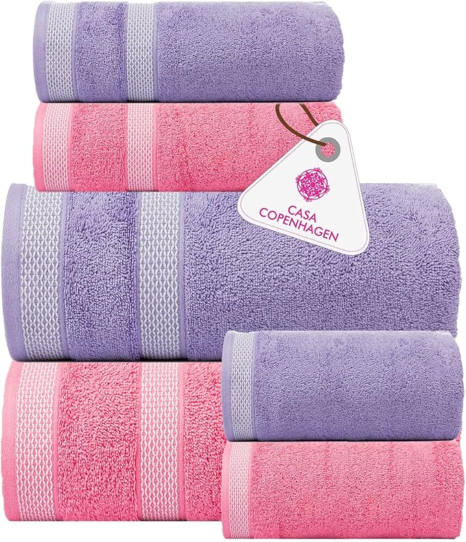 CASA COPENHAGEN Solitaire 6Pcs 100% Egyptian Cotton Large Designer Towels Gift Set- Lavender - Pink, 2Bath 2Hand 2Washcloths, Bath Towels for Bathroom (Box Pack, Gift Set for Women & Men)