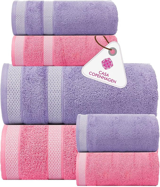 CASA COPENHAGEN Solitaire 6Pcs 100% Egyptian Cotton Large Designer Towels Gift Set- Lavender - Pink, 2Bath 2Hand 2Washcloths, Bath Towels for Bathroom (Box Pack, Gift Set for Women & Men)