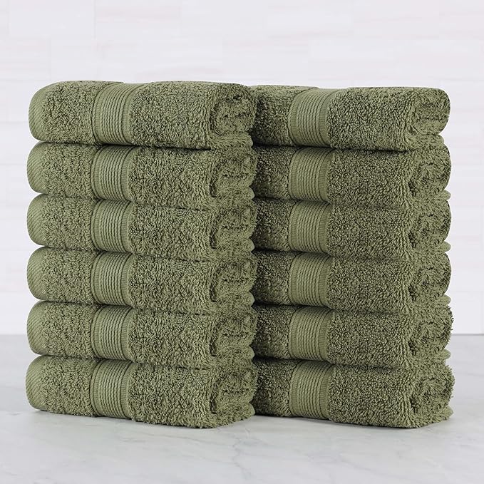 Superior 100% Organic Cotton Face Towel/Washcloth Set of 12, Daily Use, Bathroom, Guest Bath, Quick Dry Small Towels, Face, Hand, Gym, Spa, Hotel, Absorbent, Oregon Collection, Forest Green