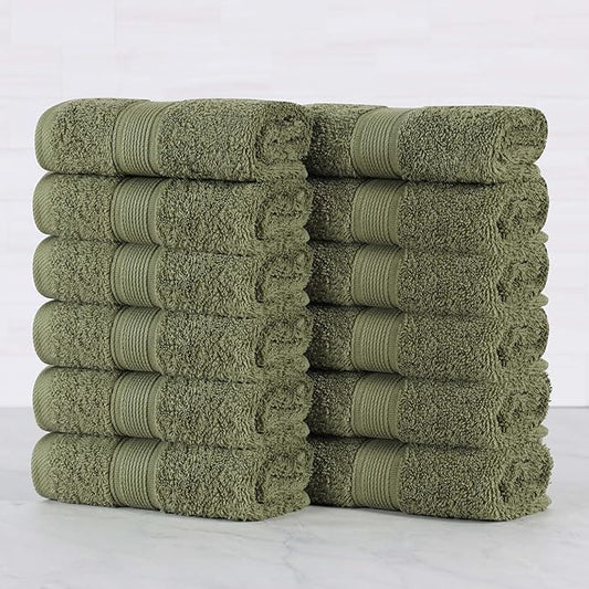 Superior 100% Organic Cotton Face Towel/Washcloth Set of 12, Daily Use, Bathroom, Guest Bath, Quick Dry Small Towels, Face, Hand, Gym, Spa, Hotel, Absorbent, Oregon Collection, Forest Green