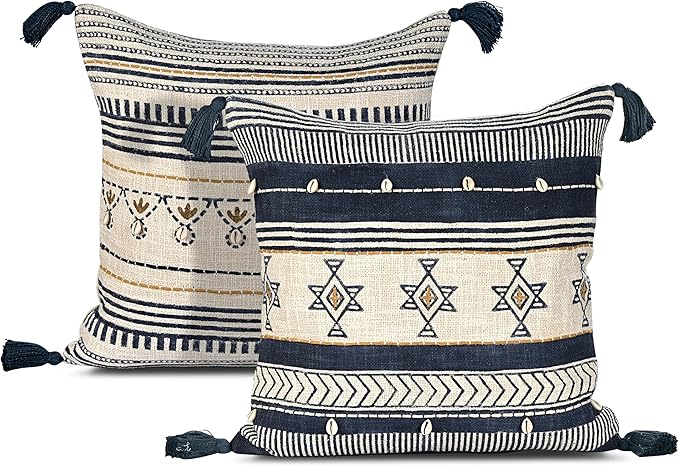 Ridhi Block Print Off White Navy Gold Cotton Handmade TNT Cushion Cover 18x18 Inch Accent Decorative Throw Pillow Cover for Sofa, Living Room, Bedroom Decor, Soft, Cushion Case for Spring, Summer