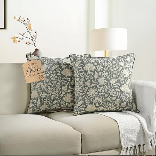 CPC Throw Piping Pillow Covers for Couch, 20x20 Inch Pillows for Living Room, 100% Cotton Boho Cute Outdoor Pillows, Flower Cushion Covers Gift for Spring, Easter - Green Ivy Botanical
