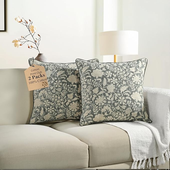 CPC Throw Piping Pillow Covers for Couch, 18x18 Inch Pillows for Living Room, 100% Cotton Boho Cute Outdoor Pillows, Flower Cushion Covers Gift for Spring, Easter - Green Ivy Botanical