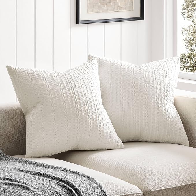 ZeeMart 100% Cotton Waffle Textured Throw Pillow Covers Set of 2, 24x24 Inch Ivory, Soft Farmhouse Decorative Couch Pillow Cases Off White Cushion Covers for Sofa Bed Living Room Home Decor