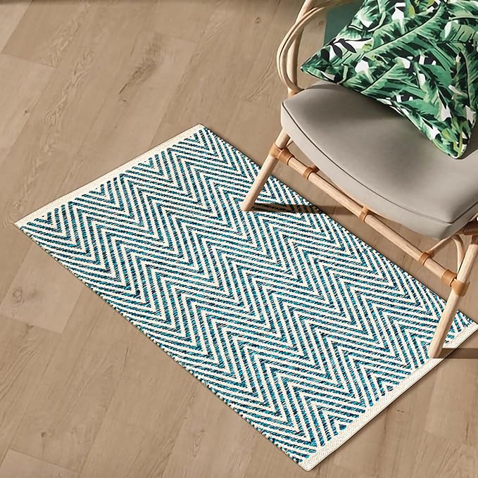 Cotton Chevron Hand Woven Area Rug 2x3 Feet - Teal, Accent Soft Decorative Reversible Floor Throw Carpet Ideal for Entryway, Kitchen, Nursery | Green Small Farmhouse Washable Home Space Décor Mat