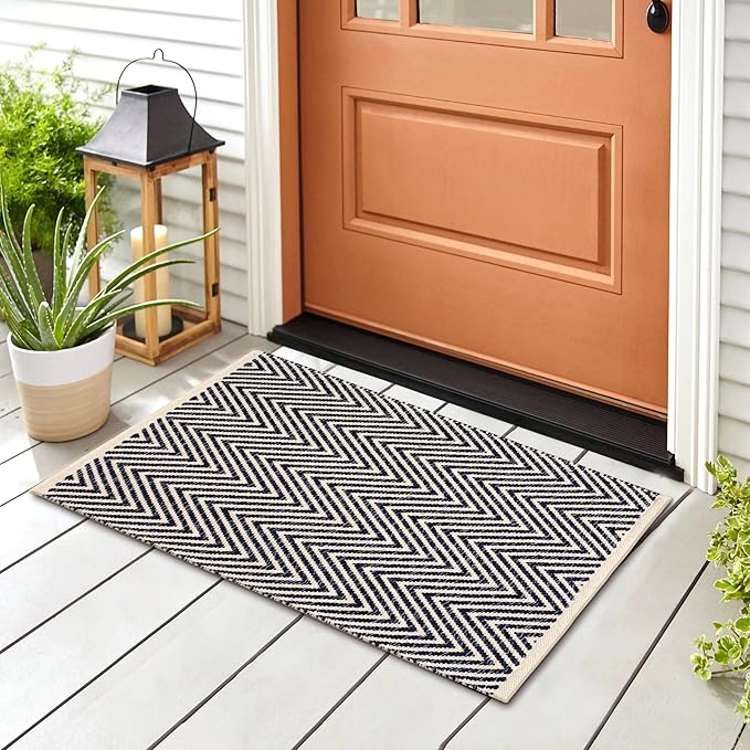 Cotton Chevron Hand Woven Area Rug 2x3 Feet - Navy Blue, Farmhouse Decorative Floor Small Rugs Ideal for Entryway, Kitchen, Bedroom | Washable Durable Geometric Reversible Front Door Patio Mats