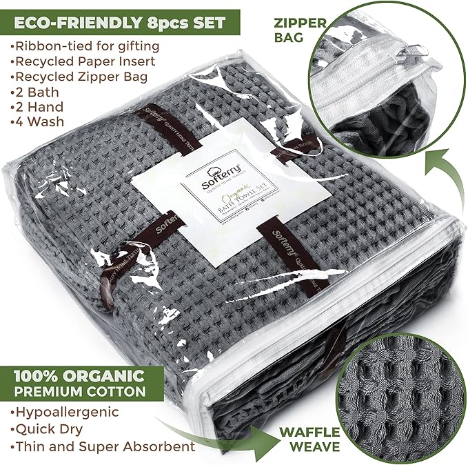 Softerry European Waffle Weave Bath Towel Set of 8-100% Organic Cotton - Quick Dry Lint Free Thin and Absorbent - Fade Resistant - Eco-Friendly (Space Gray)