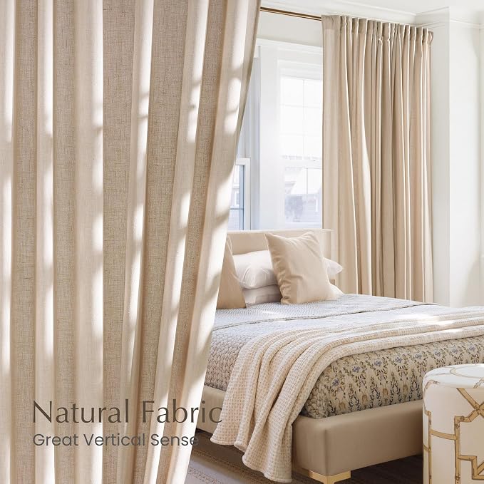 NICETOWN Thick Linen Semi Sheer Curtains for Living Room, Back Tab/Rod Pocket with Pleat Tape Privacy Added with Light Filtering Window Treatments for Bedroom, Angora, W52 x L84