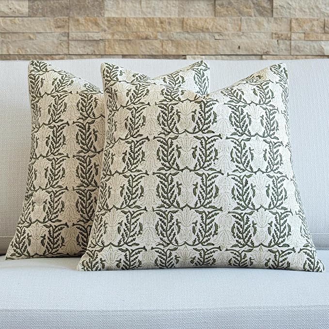 FIOUOVO Floral Throw Pillow Covers 24x24 Set of 2 Block Print Cushion Covers Farmhouse Neutral Accent Decorative Pillow Covers Home Decor for Sofa Couch Living Room Bedroom, Olive Green